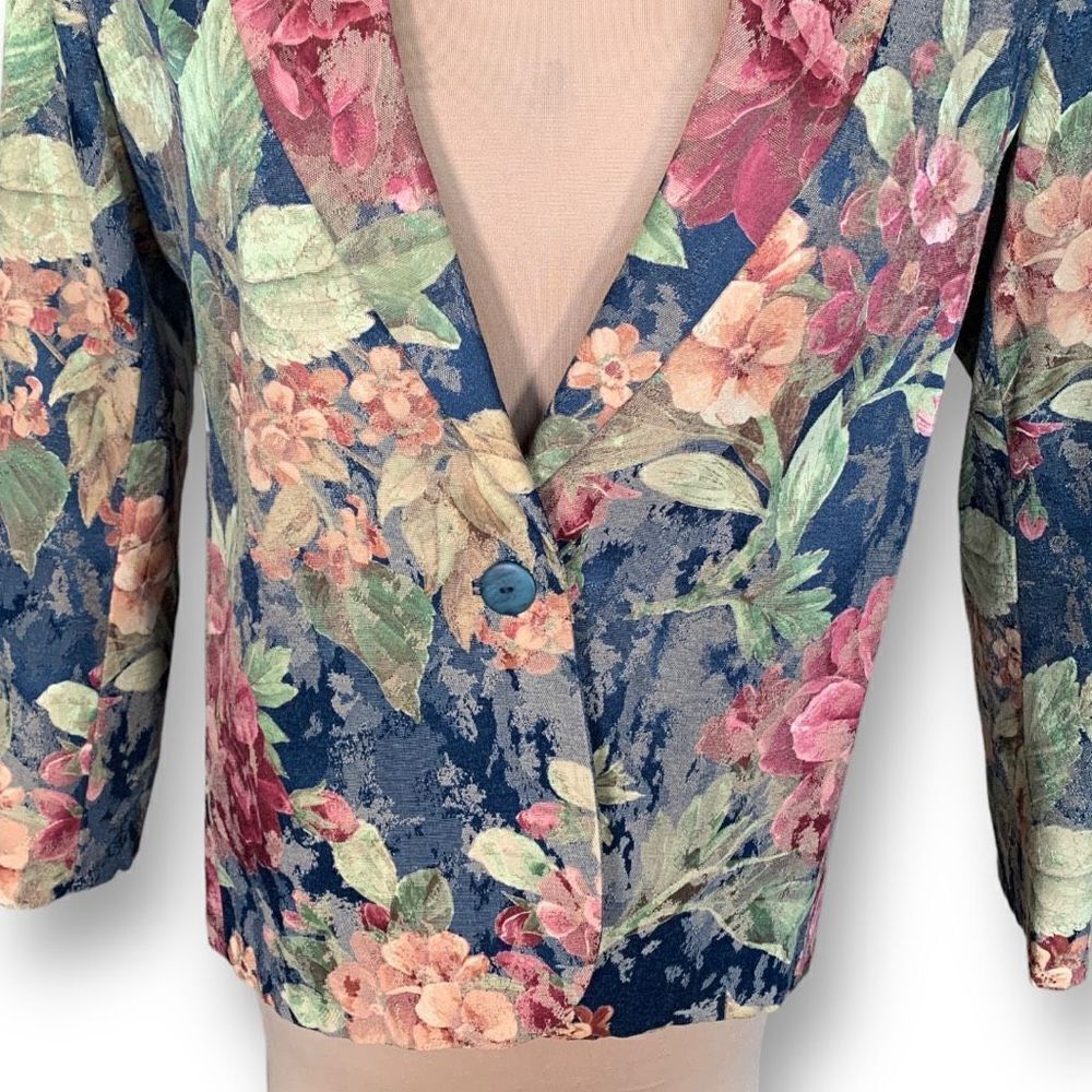 Vintage 90s Structured Blazer Jacket Navy Dark Floral Boxy Oversized Romantic - Picture 3 of 9